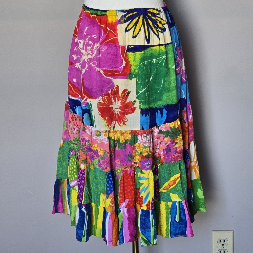 Colorful Floral Patchwork Tiered Boho Resortwear Hatti Midi Skirt